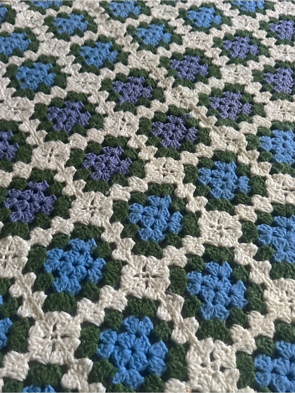 Handmade Crochet Throw Blanket in Blue, Green & Cream fringe edge